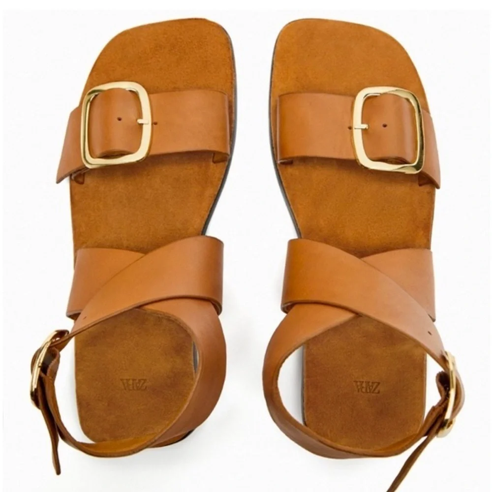 Zara leather sandals brown Strappy buckle size 41 - Picture 9 of 9